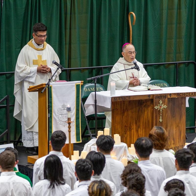 Bishop Brian Nunes makes special visit to Damien High School